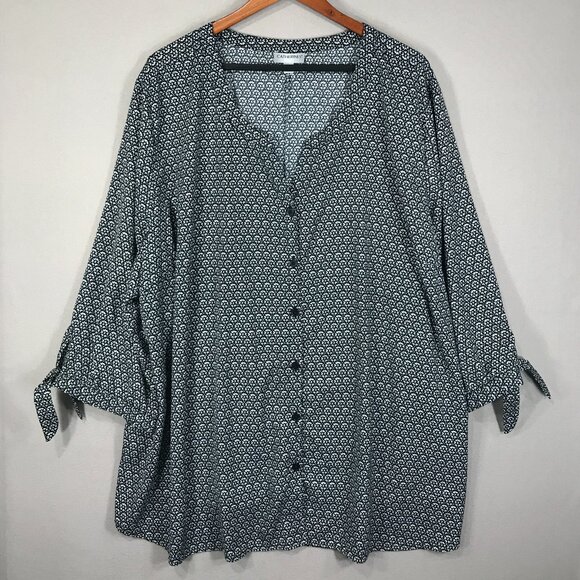 Catherines Top Womens 4X Black White Geometric Button Up Shirt 3/4 Sleeve Blouse - Picture 1 of 14